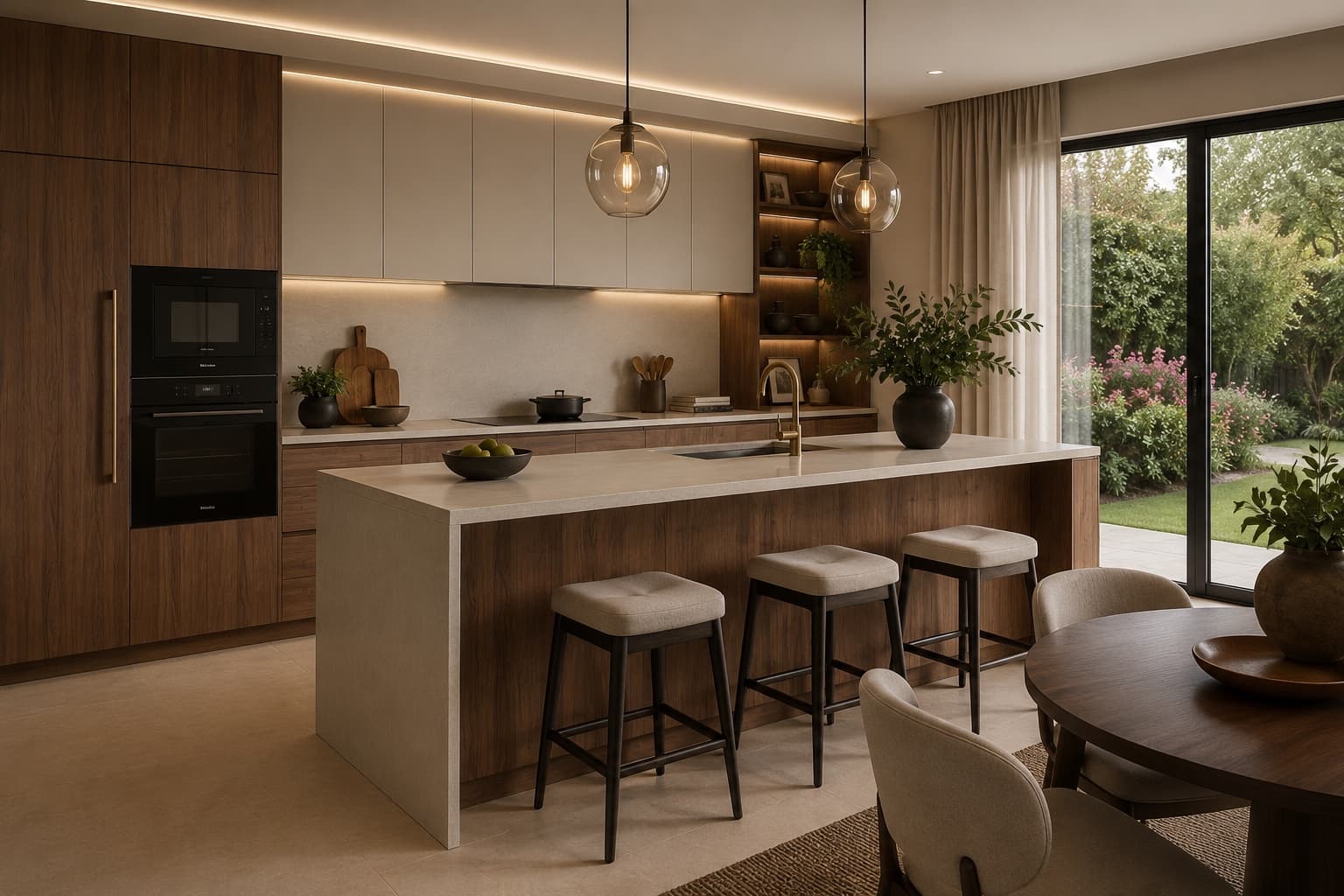 A finished interior — warm timber cabinetry and a calm, considered kitchen
